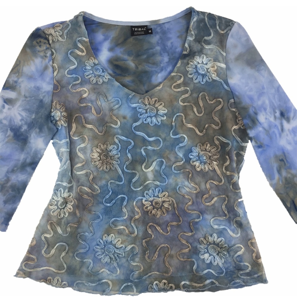 TRIBAL soutache embellished 3/4 sleeve top - SZ M